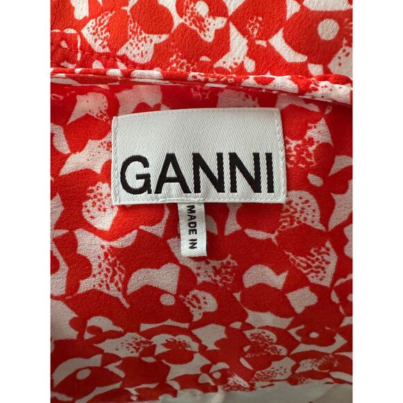 Ganni | Balloon Sleeve Orange Floral Print Crepe Midi Dress | Size 38 (US 6) - Picture 11 of 16